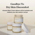 Three jars of mixsoon Bean Cream stacked together with text saying "Goodbye to dry skin discomfort."
