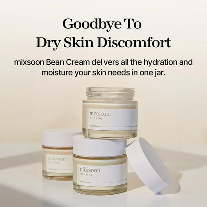 Three jars of mixsoon Bean Cream stacked together with text saying "Goodbye to dry skin discomfort."