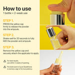 Infographic showing how to press, mix, and apply the numbuzin No.5 dark spot treatment.