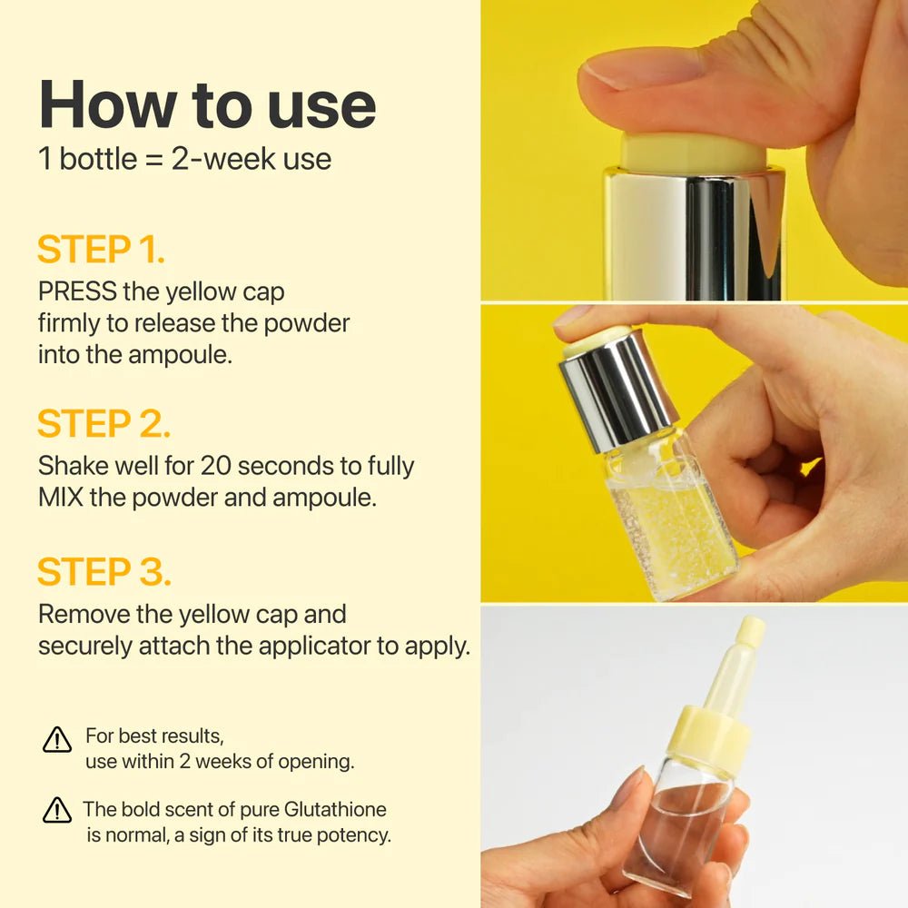Infographic showing how to press, mix, and apply the numbuzin No.5 dark spot treatment.