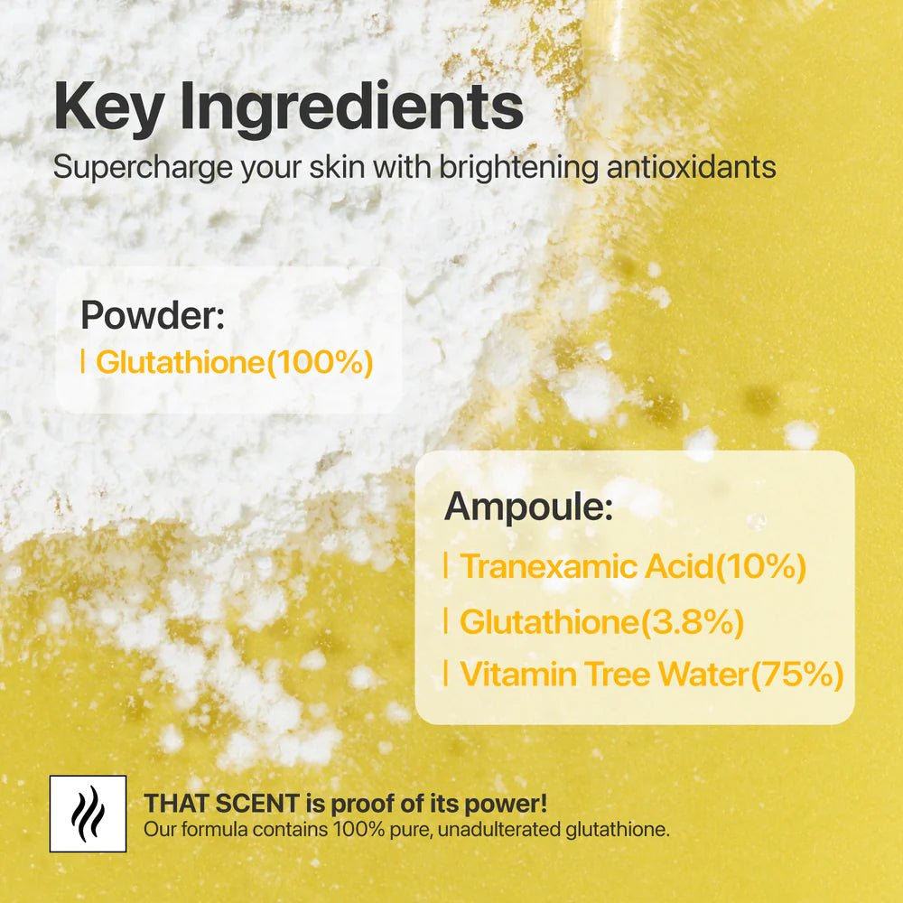 List of key ingredients: 100% Glutathione powder and 10% Tranexamic Acid ampoule liquid.