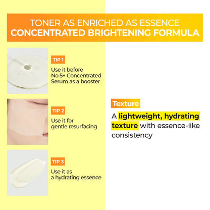 Lightweight essence texture of numbuzin No.5 Vitamin Boosting Toner with application tips.