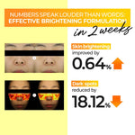 Before and after 2-week clinical results showing reduced dark spots and improved skin brightness.