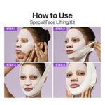 Four-step visual guide on how to apply the Numbuzin No.9 lifting sheet mask and chin band.