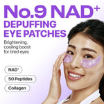 Close up of model wearing purple eye patches highlighting NAD+ and 50 Peptide benefits.