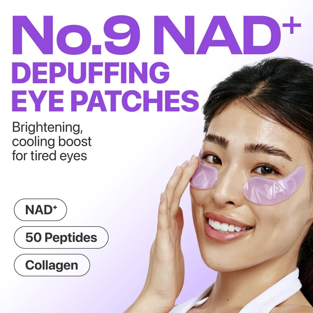 Close up of model wearing purple eye patches highlighting NAD+ and 50 Peptide benefits.