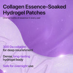 Close up of essence-soaked purple hydrogel eye patch texture and 300 Da collagen info.