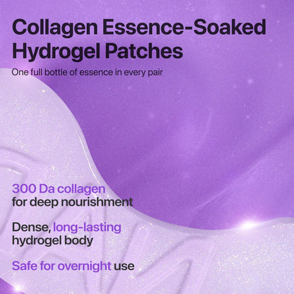 Close up of essence-soaked purple hydrogel eye patch texture and 300 Da collagen info.