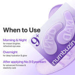 Infographic showing morning, night, and overnight usage for No.9 eye patches.