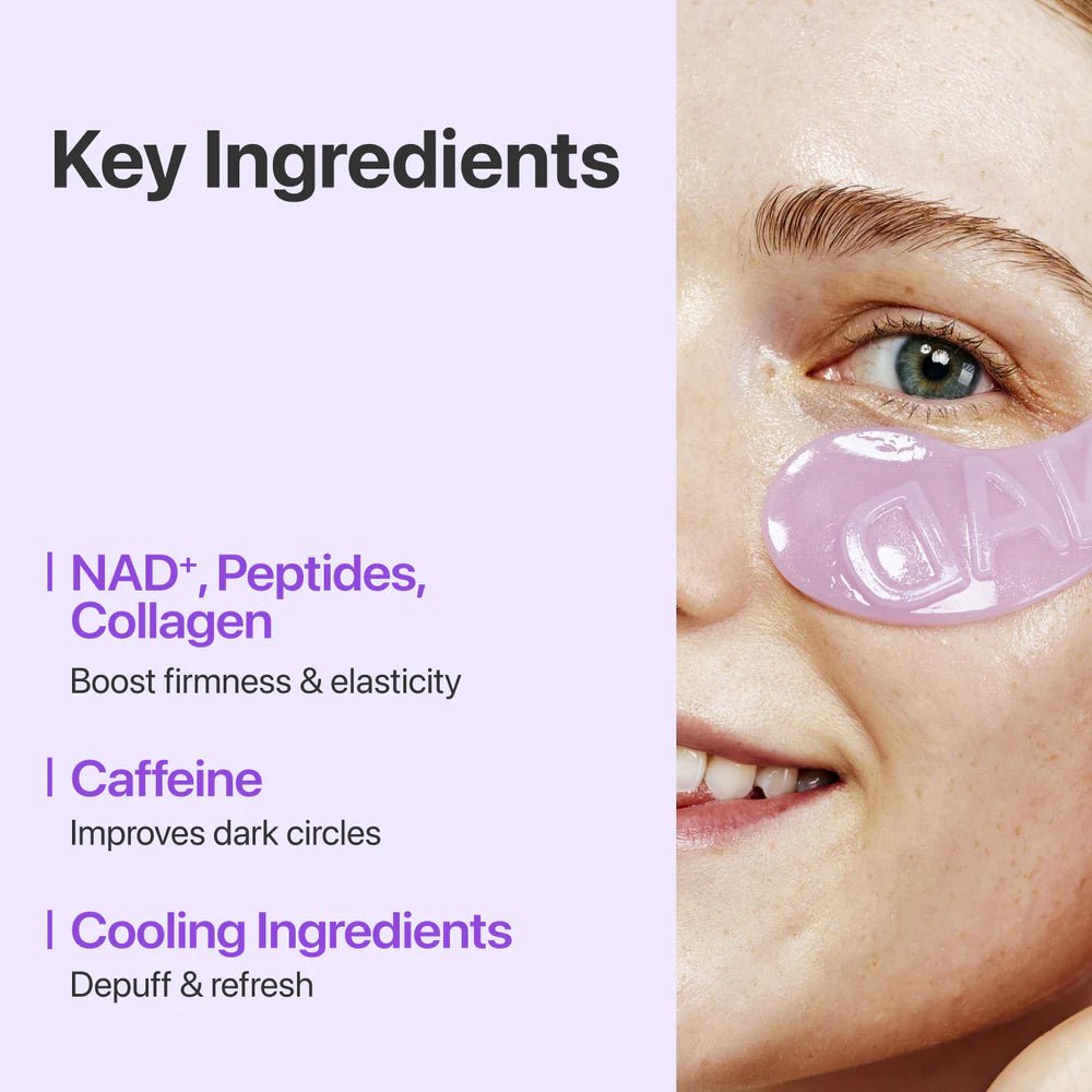 List of key ingredients including NAD+, Peptides, Collagen, Caffeine, and Cooling Agents.