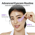 Model demonstrating two-step routine using Numbuzin eye cream and purple hydrogel patch.