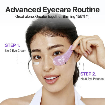 Model demonstrating two-step routine using Numbuzin eye cream and purple hydrogel patch.
