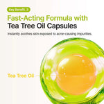 Close up of a yellow tea tree oil capsule used in the Purito clarifying serum.