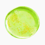 Top-down view of green Purito serum texture showing suspended tea tree oil capsules.