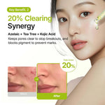 Before and after comparison showing reduced acne and clearer skin after using Purito serum.