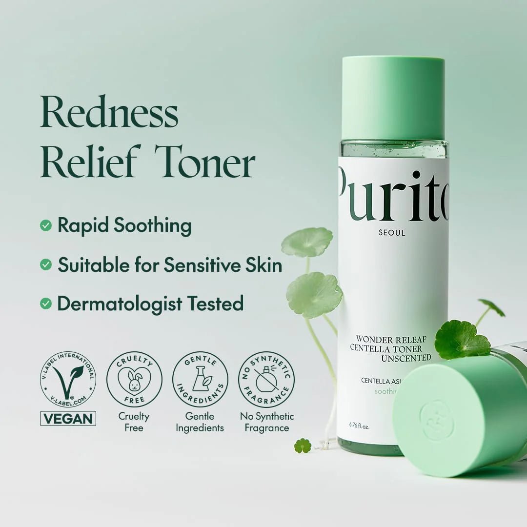 Purito Wonder Releaf Centella Toner with benefit icons showing it is vegan, cruelty-free, and dermatologically tested.