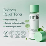 Purito Wonder Releaf Centella Toner with benefit icons showing it is vegan, cruelty-free, and dermatologically tested.