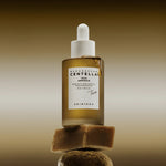 Skin1004 Centella Teca Ampoule bottle balanced on a natural stone with a golden liquid drip.