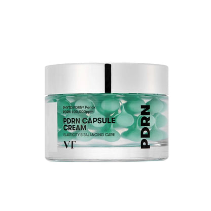 Front view of VT PDRN Capsule Cream jar showing green capsules.