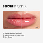 Before and after comparison showing dramatic lip plumping and hydration results.