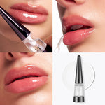 Collage showing the clear lip plumper bottle, applicator, and glossy finish on lips.