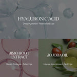 Visual collage showing hyaluronic acid, jimo root extract, and jojoba oil with a blurred background.