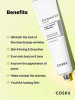 Checklist of benefits including skin firming, pore improvement, and combating dryness.