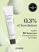 COSRX The Retinol 0.3 Cream tube showing 0.3% Pure Retinol for experienced users.